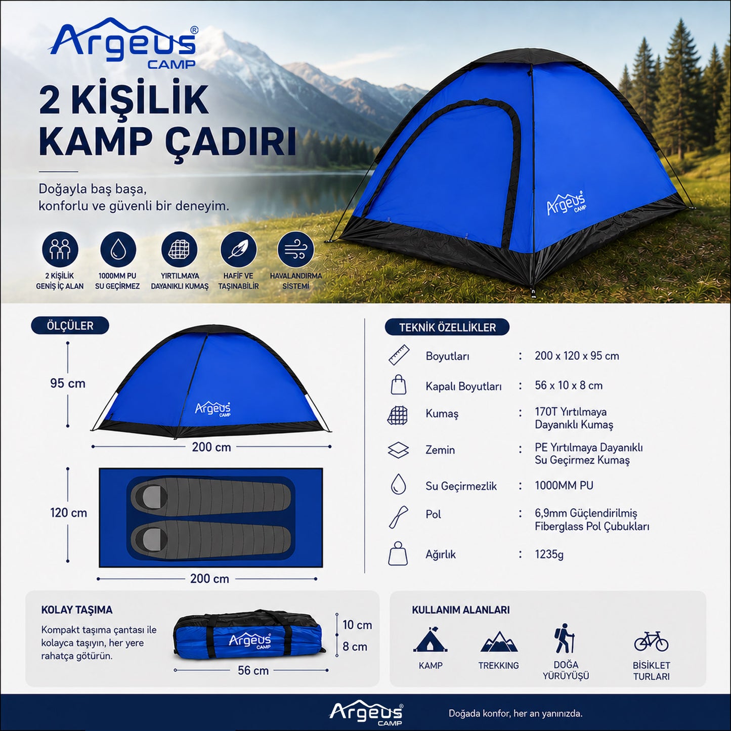 2 Kişilik Kamp Çadırı - 200x120x95cm - Argeus Camper