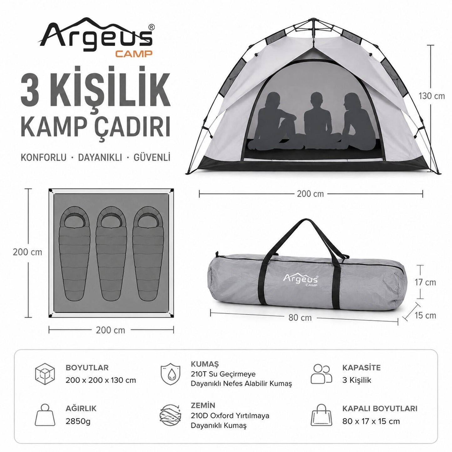 3 Kişilik Otomatik Kurulum Kamp Çadırı - 200x200x130cm - Argeus Infinity