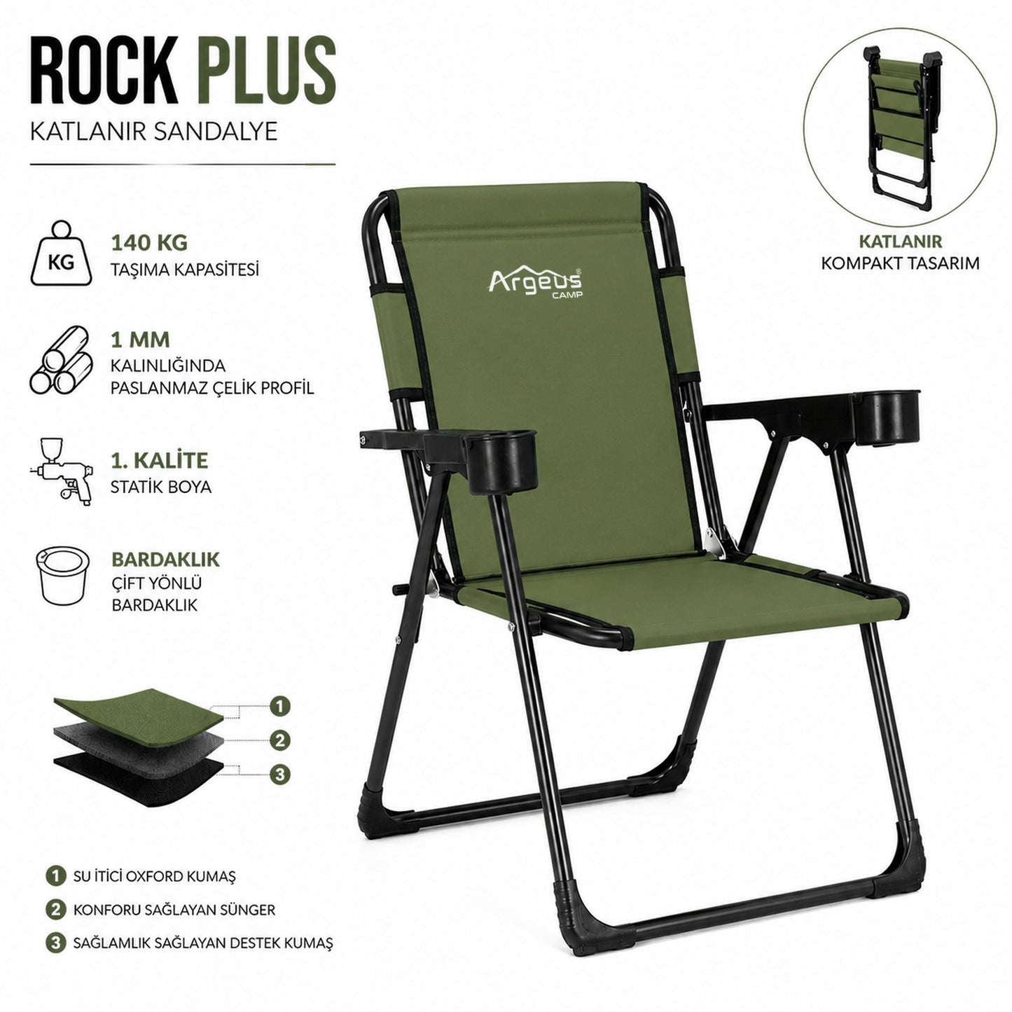 2 Adet Katlanır Kamp Sandalyesi Seti - Rock Plus - Haki