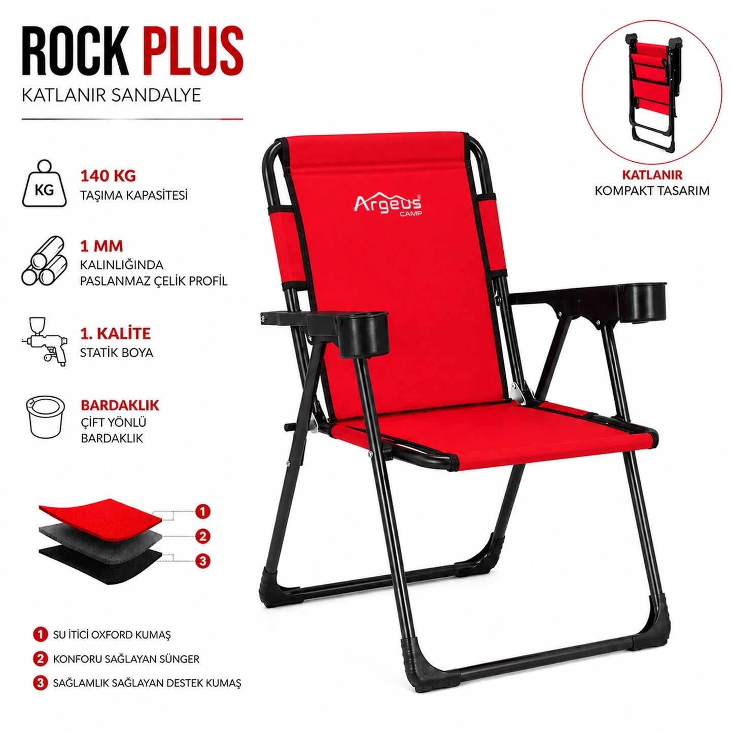 2 Adet Katlanır Kamp Sandalyesi Seti - Rock Plus - Kırmızı