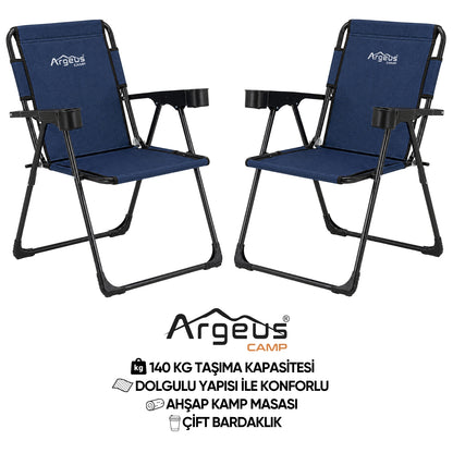 2 Adet Katlanır Kamp Sandalyesi Seti - Rock Plus - Linen Lacivert