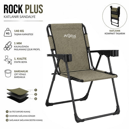 2 Adet Katlanır Kamp Sandalyesi ve Ahşap Masa Seti - Rock Plus - Gusto Haki