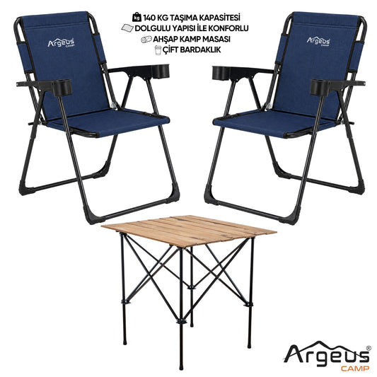 2 Adet Katlanır Kamp Sandalyesi ve Ahşap Masa Seti - Rock Plus - Linen Lacivert
