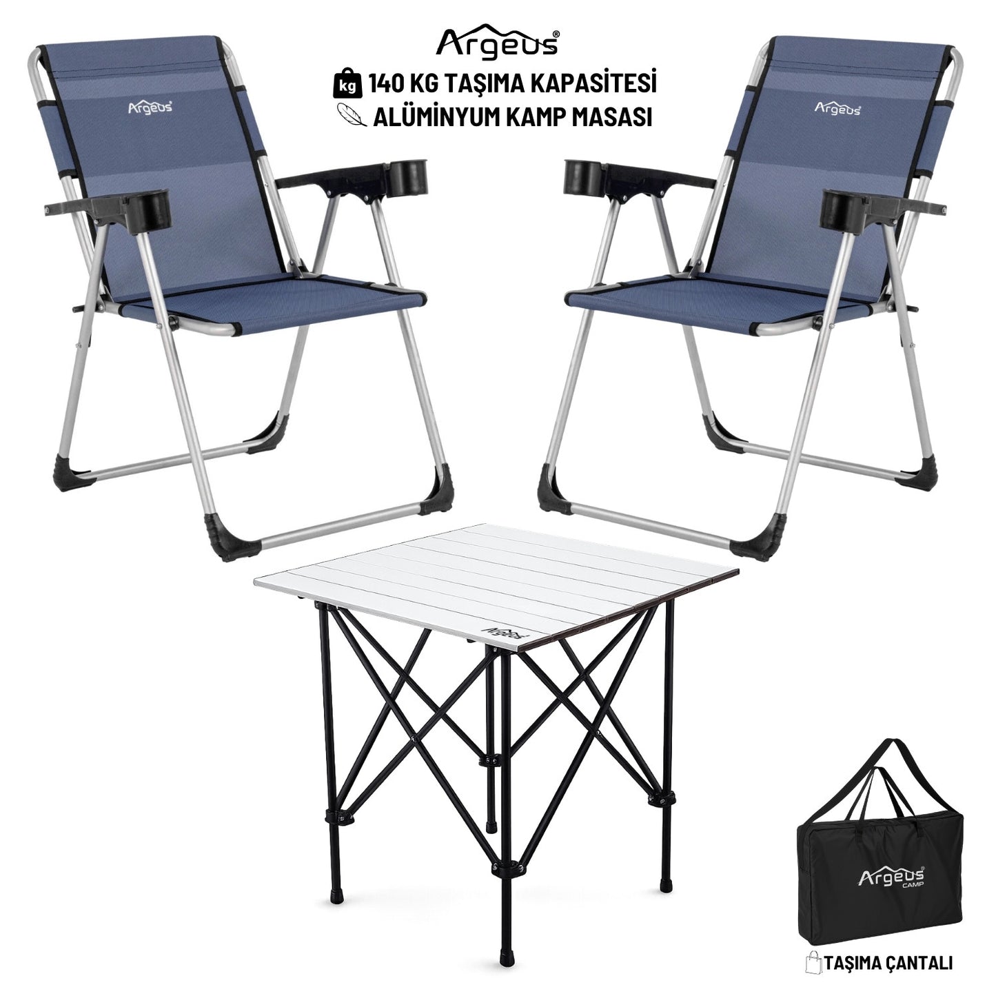 2 Adet Katlanır Kamp Sandalyesi ve Alüminyum Masa Seti - Rock Silver - Safir
