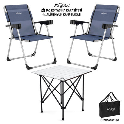 2 Adet Katlanır Kamp Sandalyesi ve Alüminyum Masa Seti - Rock Silver - Safir