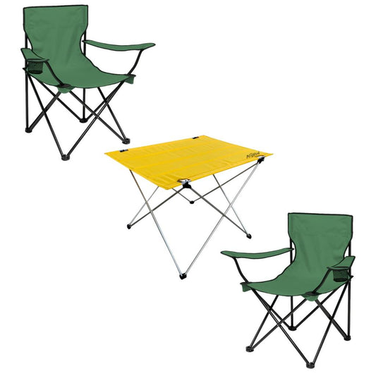 2 Adet Katlanır Kamp Sandalyesi ve Masa Seti - (DY.001) - Haki/Sarı - Plaj Sandalyesi