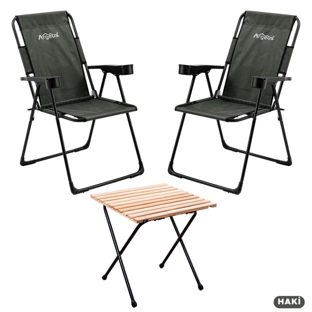 2 Adet Katlanır Kamp Sandalyesi ve Masa Seti - Rest - Haki - 130 KG Taşıma