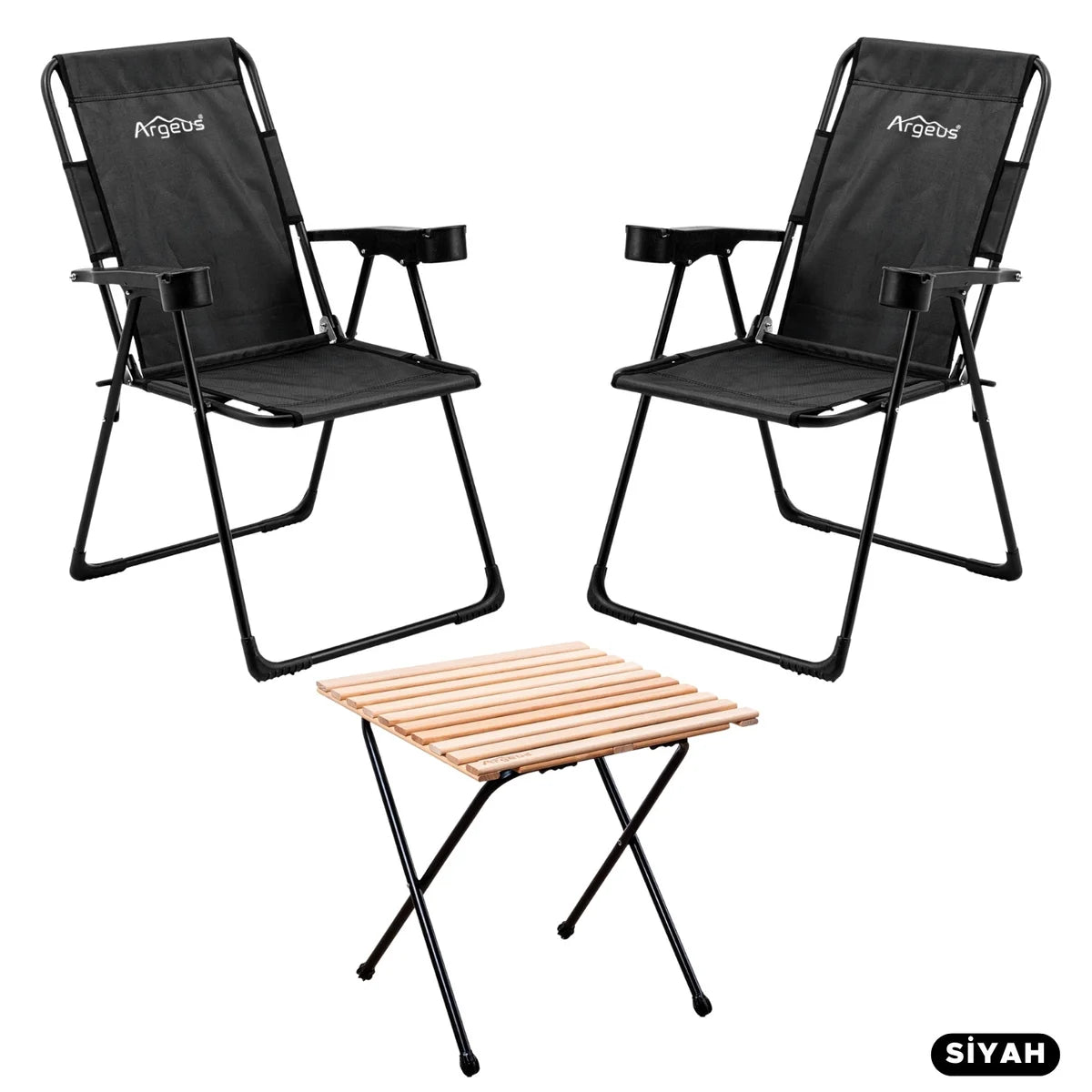 2 Adet Katlanır Kamp Sandalyesi ve Masa Seti - Rest - Siyah - 130 KG Taşıma