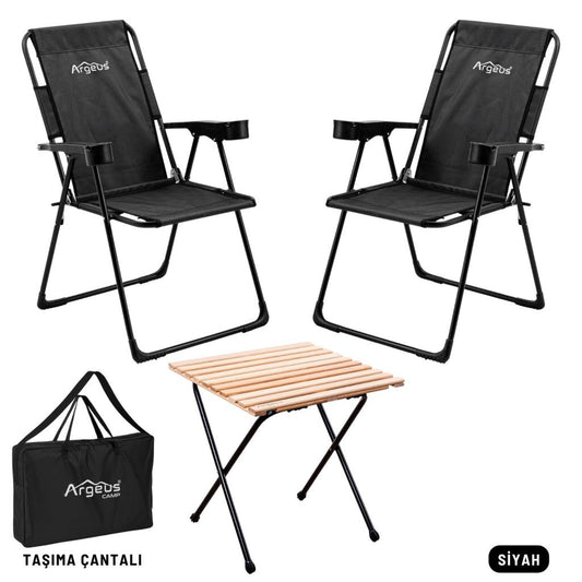 2 Adet Katlanır Kamp Sandalyesi ve Masa Seti - Rest - Taşıma Çantalı - Siyah - 130 KG Taşıma