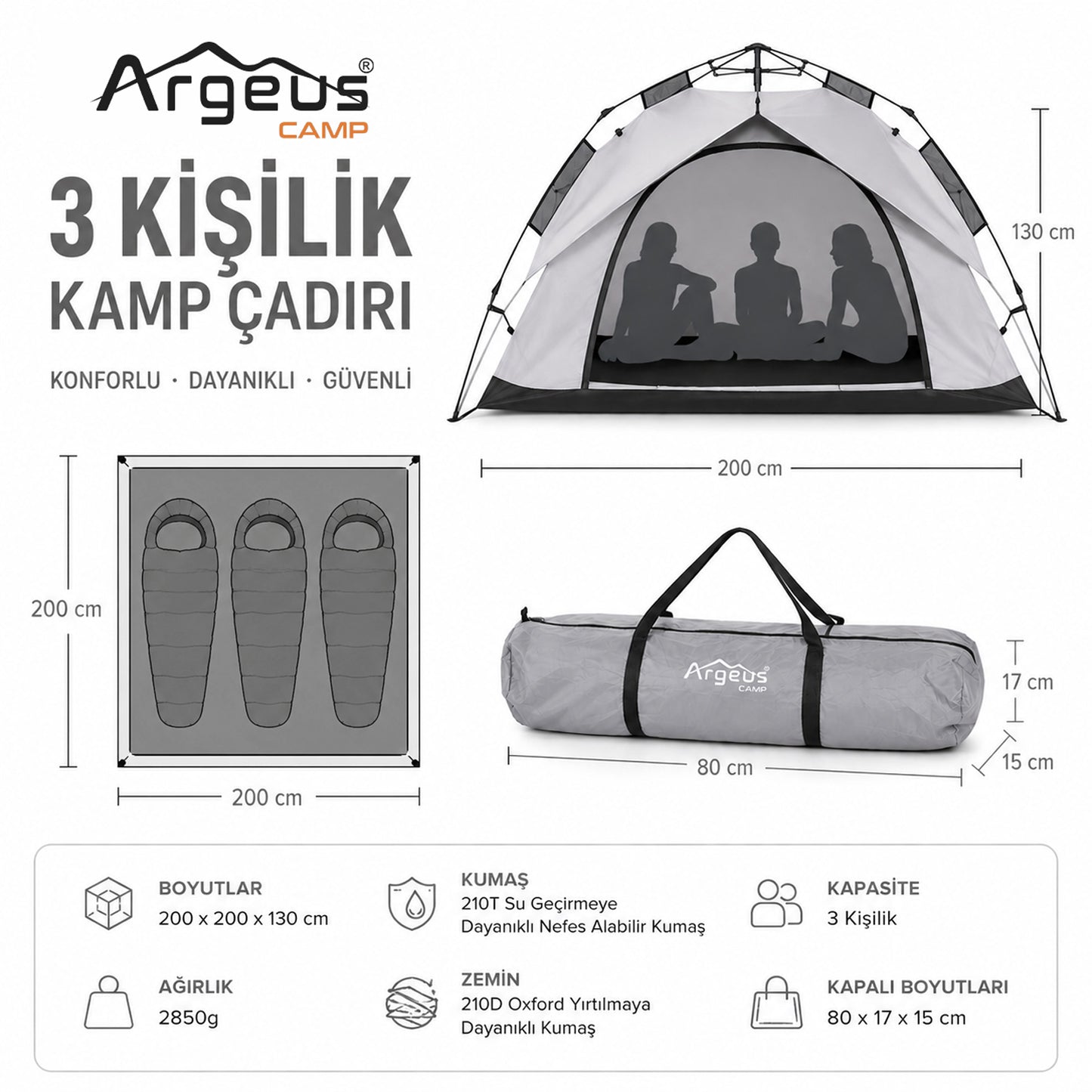 3 Kişilik Otomatik Kurulum Kamp Çadırı - 200x200x130cm - Argeus Infinity