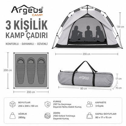 3 Kişilik Otomatik Kurulum Kamp Çadırı - 200x200x130cm - Argeus Infinity
