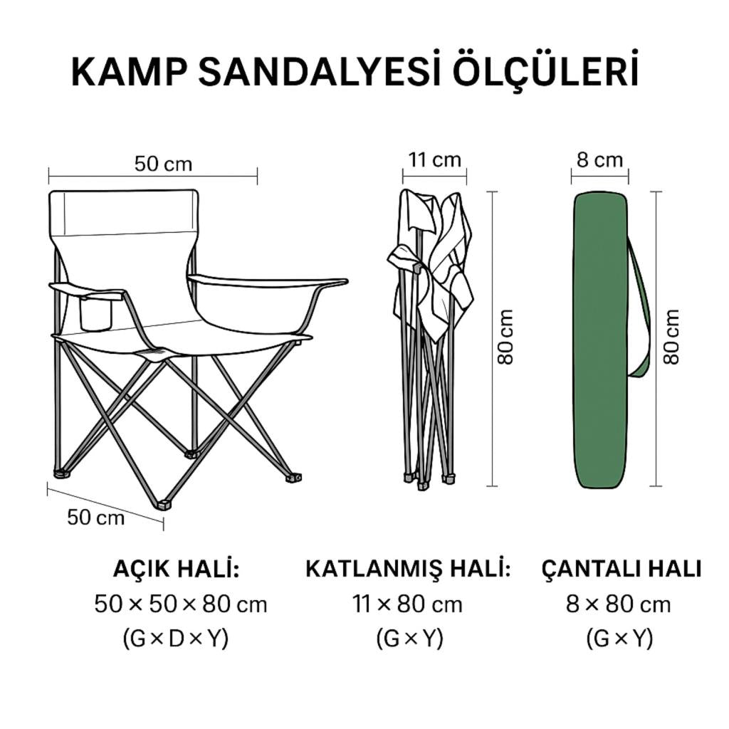 4 Adet Katlanır Kamp Sandalyesi - Piknik Plaj Sandalyesi - (DY.001) - Haki - Taşıma Çantalı