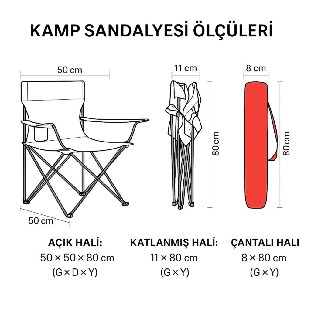4 Adet Katlanır Kamp Sandalyesi - Piknik Plaj Sandalyesi - (DY.001) - Kırmızı - Taşıma Çantalı