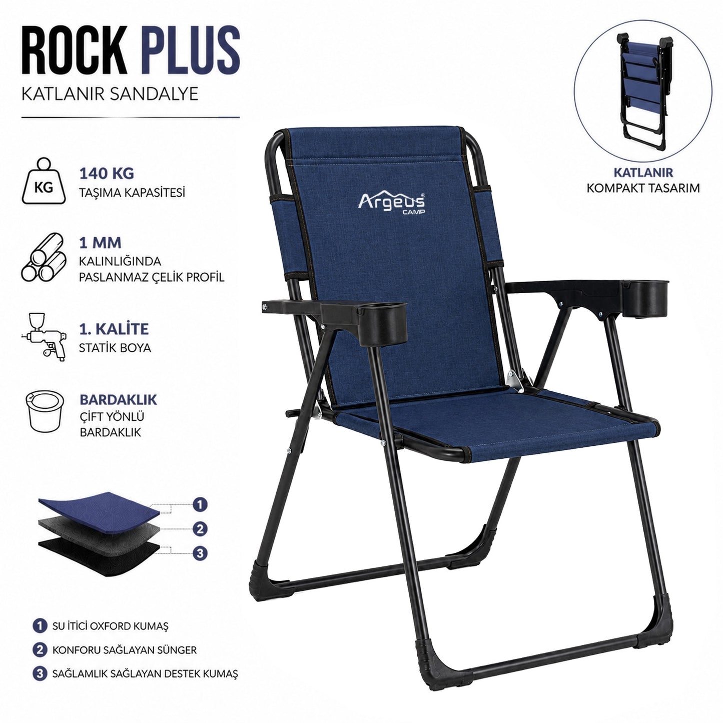 4 Adet Katlanır Kamp Sandalyesi Seti - Rock Plus - Linen Lacivert