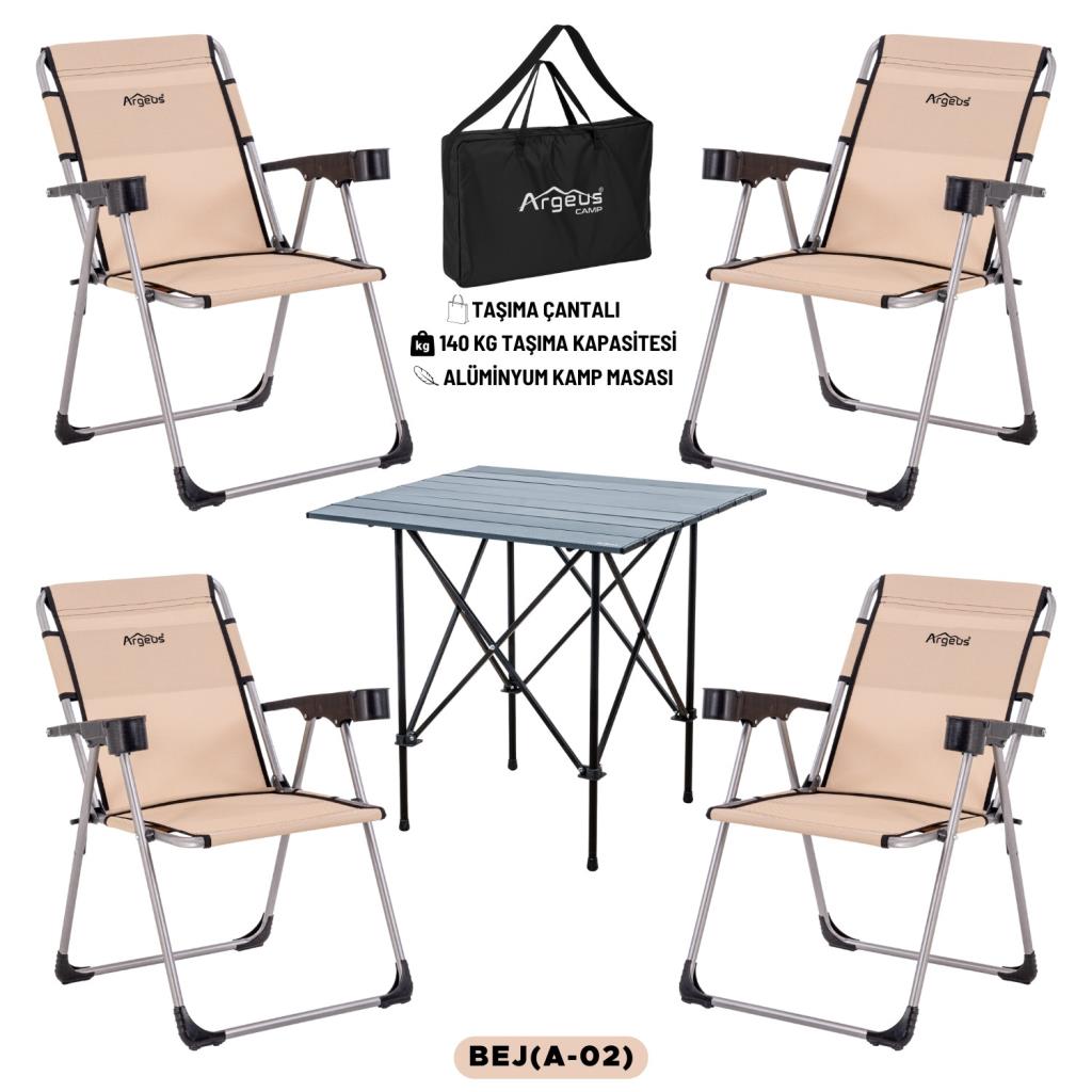 4 Adet Katlanır Kamp Sandalyesi ve Alüminyum Masa Seti - Rock Dark - Bej - Taşıma Çantalı