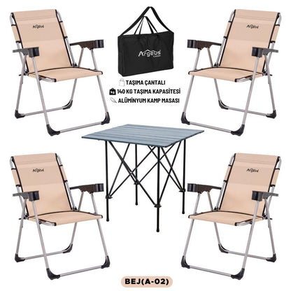 4 Adet Katlanır Kamp Sandalyesi ve Alüminyum Masa Seti - Rock Dark - Bej - Taşıma Çantalı