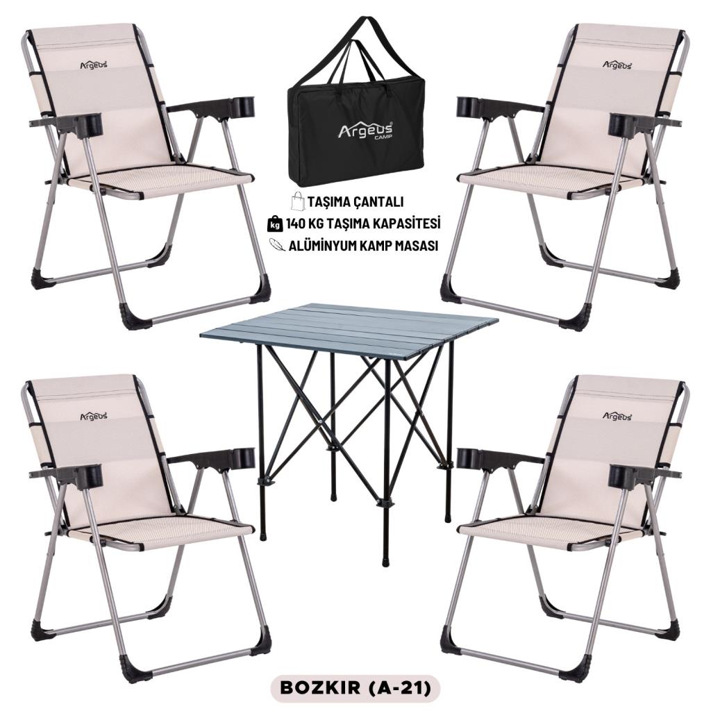 4 Adet Katlanır Kamp Sandalyesi ve Alüminyum Masa Seti - Rock Dark - Bozkır - Taşıma Çantalı