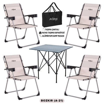 4 Adet Katlanır Kamp Sandalyesi ve Alüminyum Masa Seti - Rock Dark - Bozkır - Taşıma Çantalı