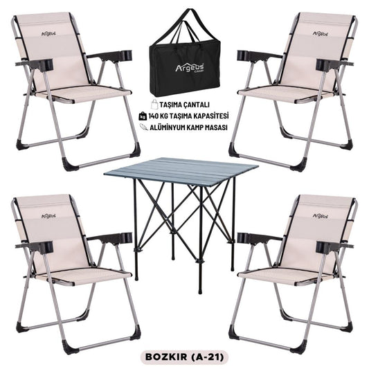 4 Adet Katlanır Kamp Sandalyesi ve Alüminyum Masa Seti - Rock Dark - Bozkır - Taşıma Çantalı