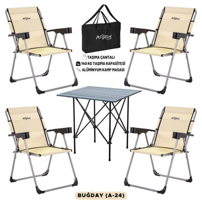 4 Adet Katlanır Kamp Sandalyesi ve Alüminyum Masa Seti - Rock Dark - Buğday - Taşıma Çantalı