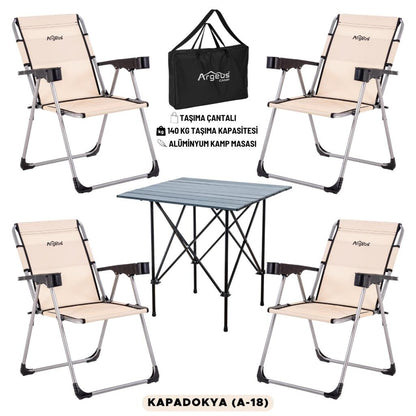 4 Adet Katlanır Kamp Sandalyesi ve Alüminyum Masa Seti - Rock Dark - Kapadokya - Taşıma Çantalı