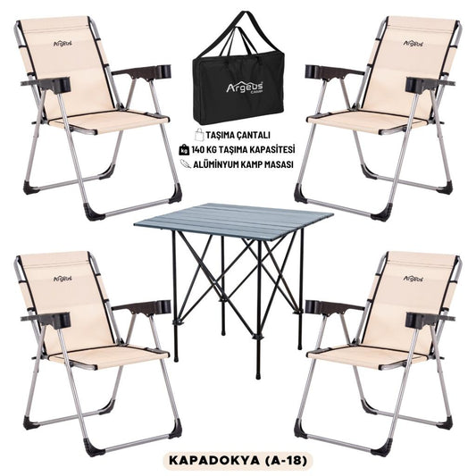 4 Adet Katlanır Kamp Sandalyesi ve Alüminyum Masa Seti - Rock Dark - Kapadokya - Taşıma Çantalı
