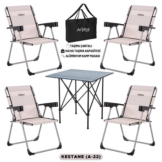 4 Adet Katlanır Kamp Sandalyesi ve Alüminyum Masa Seti - Rock Dark - Kestane - Taşıma Çantalı