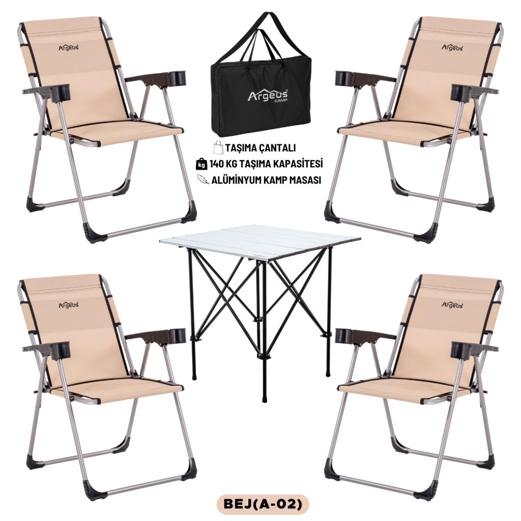 4 Adet Katlanır Kamp Sandalyesi ve Alüminyum Masa Seti - Rock Silver - Bej - Taşıma Çantalı