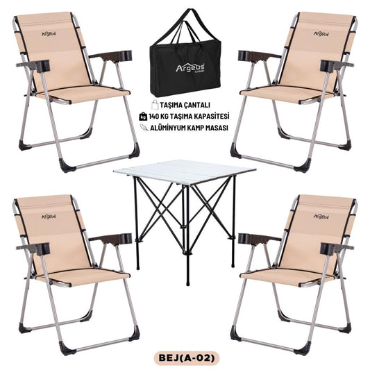 4 Adet Katlanır Kamp Sandalyesi ve Alüminyum Masa Seti - Rock Silver - Bej - Taşıma Çantalı