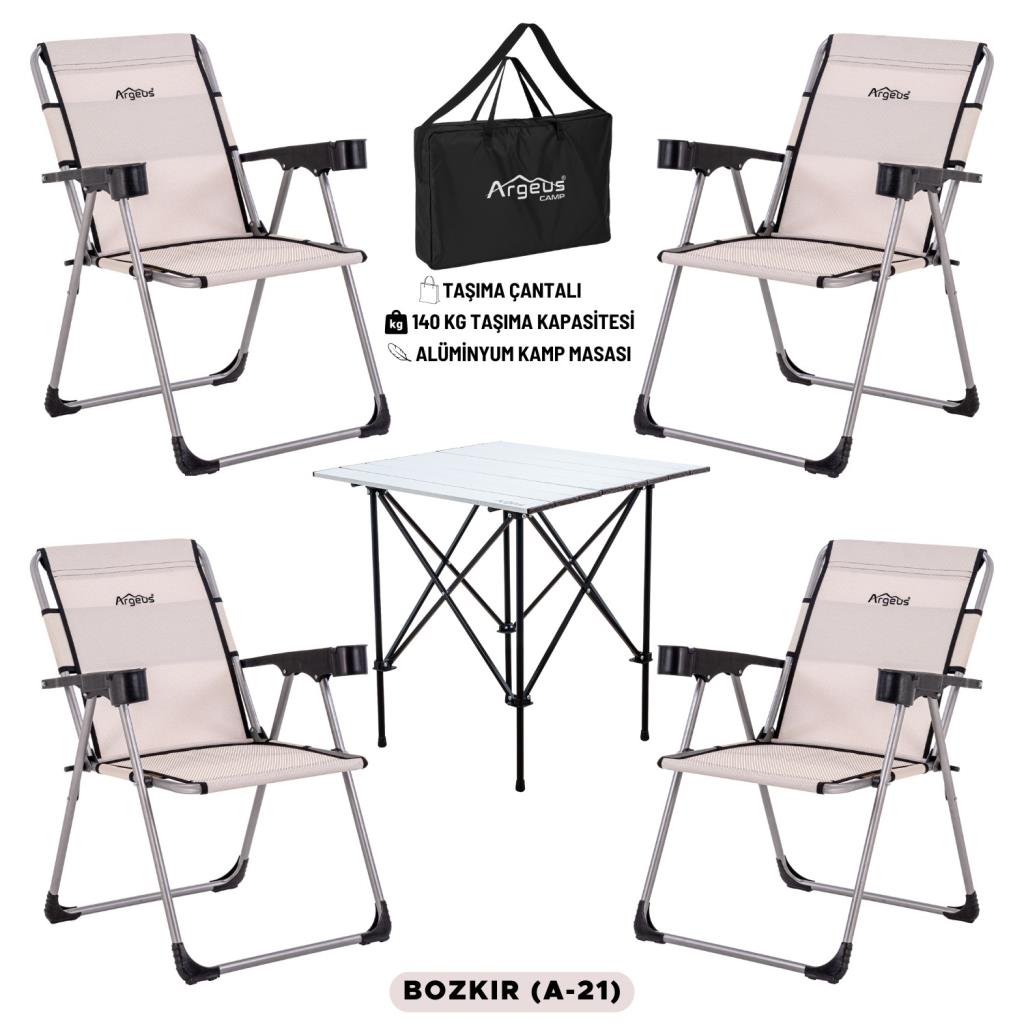 4 Adet Katlanır Kamp Sandalyesi ve Alüminyum Masa Seti - Rock Silver - Bozkır - Taşıma Çantalı
