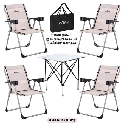 4 Adet Katlanır Kamp Sandalyesi ve Alüminyum Masa Seti - Rock Silver - Bozkır - Taşıma Çantalı