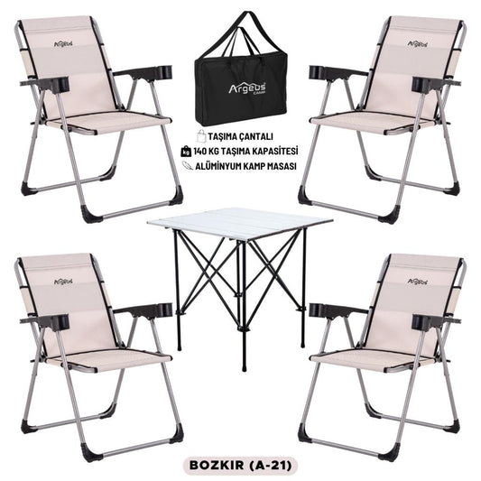 4 Adet Katlanır Kamp Sandalyesi ve Alüminyum Masa Seti - Rock Silver - Bozkır - Taşıma Çantalı
