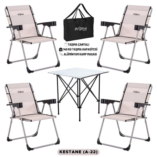 4 Adet Katlanır Kamp Sandalyesi ve Alüminyum Masa Seti - Rock Silver - Kestane - Taşıma Çantalı