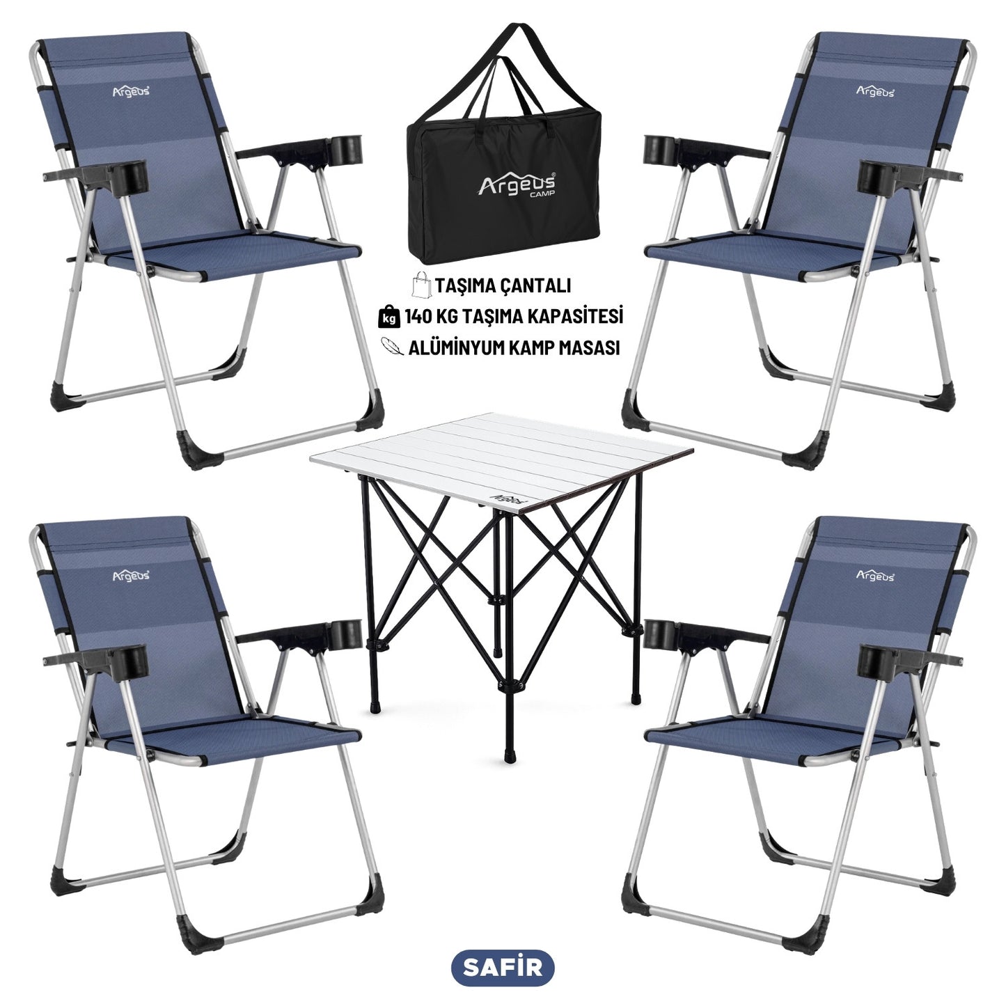 4 Adet Katlanır Kamp Sandalyesi ve Alüminyum Masa Seti - Rock Silver - Safir