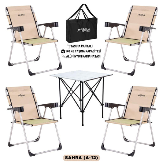4 Adet Katlanır Kamp Sandalyesi ve Alüminyum Masa Seti - Rock Silver - Sahra - Taşıma Çantalı