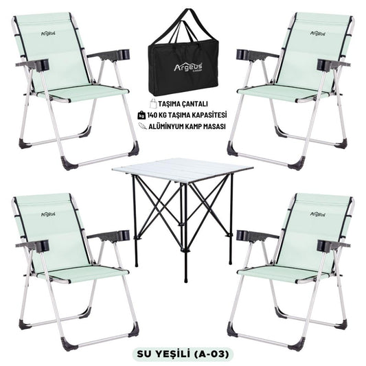 4 Adet Katlanır Kamp Sandalyesi ve Alüminyum Masa Seti - Rock Silver - Su Yeşili - Taşıma Çantalı