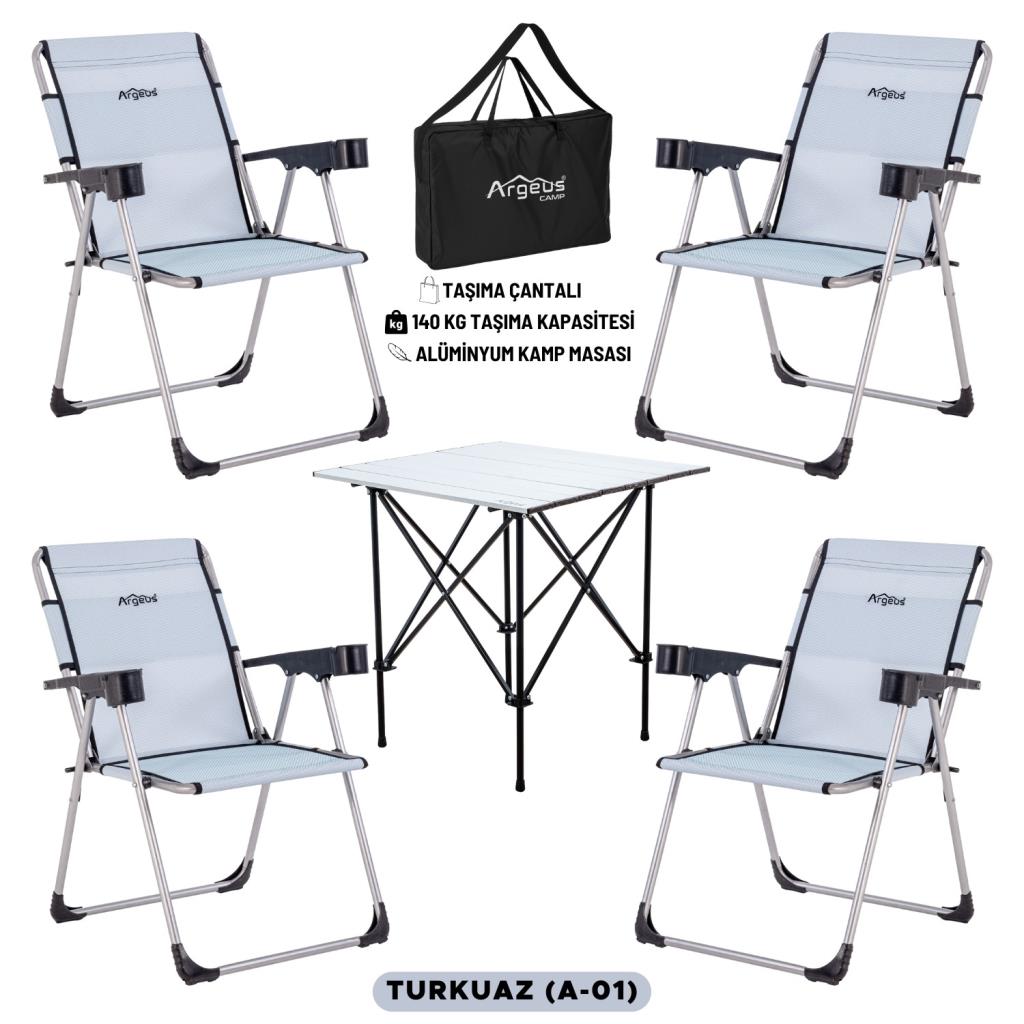 4 Adet Katlanır Kamp Sandalyesi ve Alüminyum Masa Seti - Rock Silver - Turkuaz - Taşıma Çantalı