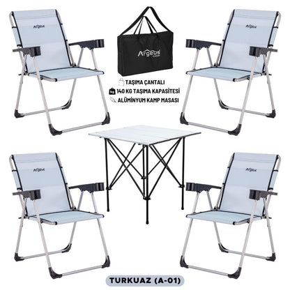 4 Adet Katlanır Kamp Sandalyesi ve Alüminyum Masa Seti - Rock Silver - Turkuaz - Taşıma Çantalı