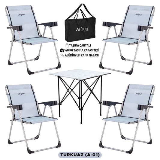 4 Adet Katlanır Kamp Sandalyesi ve Alüminyum Masa Seti - Rock Silver - Turkuaz - Taşıma Çantalı