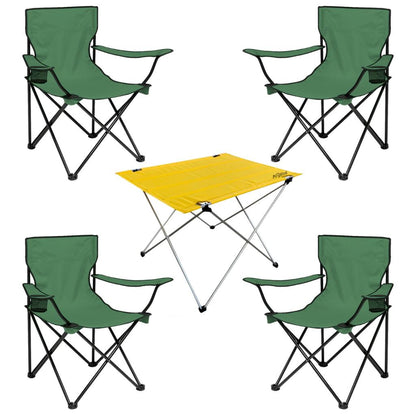 4 Adet Katlanır Kamp Sandalyesi ve Masa Seti - (DY.001) - Haki/Sarı - Plaj Sandalyesi