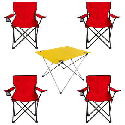 4 Adet Katlanır Kamp Sandalyesi ve Masa Seti - (DY.001) - Kırmızı/Sarı - Plaj Sandalyesi