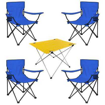 4 Adet Katlanır Kamp Sandalyesi ve Masa Seti - (DY.001) - Mavi/Sarı - Plaj Sandalyesi