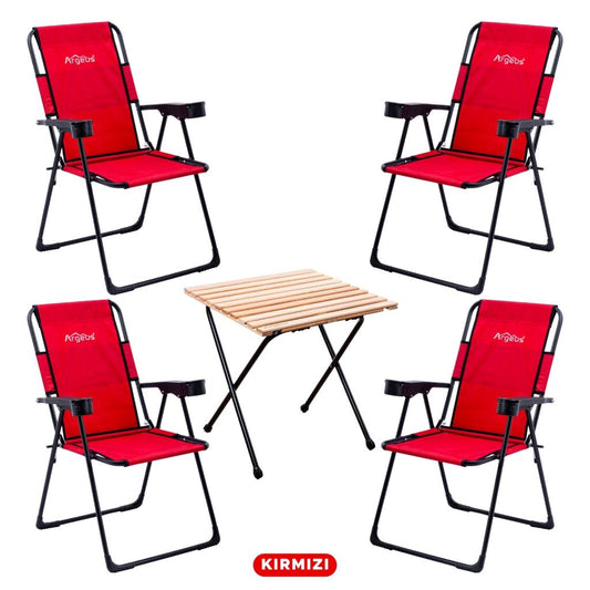 4 Adet Katlanır Kamp Sandalyesi ve Masa Seti - Rest - Kırmızı - 130 KG Taşıma