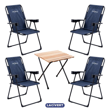 4 Adet Katlanır Kamp Sandalyesi ve Masa Seti - Rest - Lacivert - 130 KG Taşıma