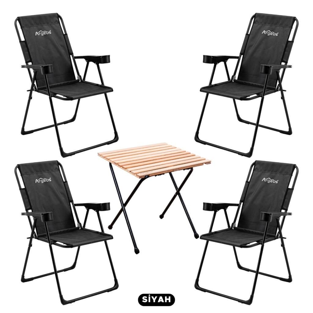 4 Adet Katlanır Kamp Sandalyesi ve Masa Seti - Rest - Siyah - 130 KG Taşıma