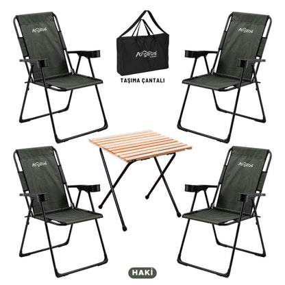 4 Adet Katlanır Kamp Sandalyesi ve Masa Seti - Rest - Taşıma Çantalı - Haki - 130 KG Taşıma