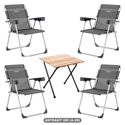 4 Adet Katlanır Kamp Sandalyesi ve Masa Seti - Rock - Antrasit - Bardaklıklı - 140 KG