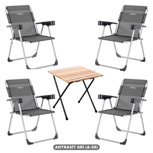 4 Adet Katlanır Kamp Sandalyesi ve Masa Seti - Rock - Antrasit - Bardaklıklı - 140 KG