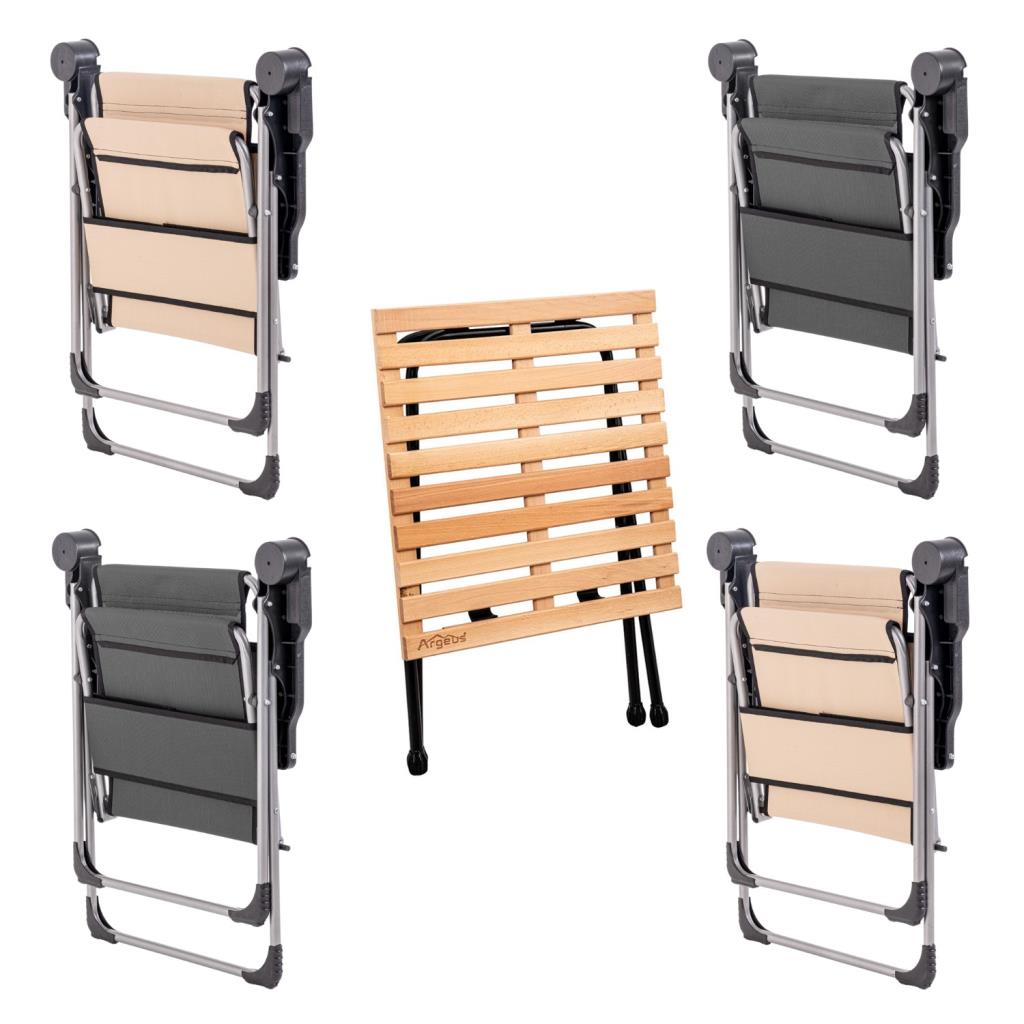 4 Adet Katlanır Kamp Sandalyesi ve Masa Seti - Rock - Bej/Antrasit - Bardaklıklı - 140 KG