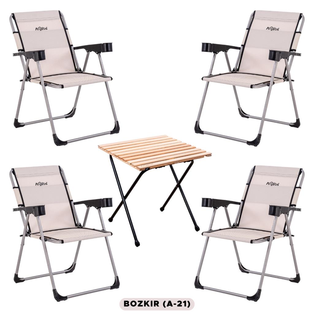 4 Adet Katlanır Kamp Sandalyesi ve Masa Seti - Rock - Bozkır - Bardaklıklı - 140 KG